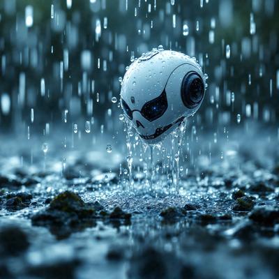 The primary subject of the image is a soccer ball, which is the main object in the scene. The setting is a rainy day, with the ball sitting in the rain. The visual style is a photo, capturing the soccer ball in its natural environment. The colors and mood of the image are dominated by the rain, creating a moody and atmospheric scene.
